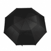 A black golf umbrella with an octagonal shape and a central handle, featuring a logo.