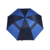 A blue and navy golf umbrella featuring a logo, designed for protection from rain and sun.