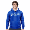 A blue striped hoodie with a front pouch pocket and a logo, featuring a drawstring hood.