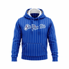A blue hooded jumper featuring vertical stripes and a front kangaroo pocket. It has a logo on the front.