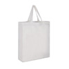 A white cotton tote bag with two handles and a simple design, featuring a logo on one side.
