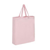 A pink cotton tote bag with two handles and a spacious interior, featuring a logo.