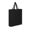 A black cotton tote bag with two handles, featuring an impression of a logo.