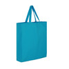 A bright blue cotton tote bag with two handles and a blank front surface, featuring a logo.
