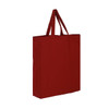 A red cotton tote bag with two handles and a simple design. It has a logo on one side.