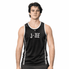 A black singlet featuring white stripes, designed with a logo on the front. The model is male and standing upright.