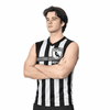 A black and white striped AFL jersey featuring a logo, worn by a model with arms crossed.