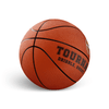 An orange basketball with black seams and a logo, featuring a textured surface for grip.