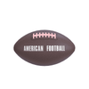 A brown American football featuring white text and a pink lacing detail, with a logo on its surface.