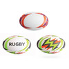 A rugby ball featuring vibrant colours, including orange, blue, green, and black, with designs and a logo.