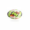 A rugby ball in white, green, orange, and black with a zigzag pattern and a logo.