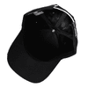 A black 6-panel cap with cotton twill contrast piping and an interior view. It features a logo inside.