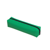 A green polyester pencil case with a zip closure, featuring a simple design. It has a branding logo.