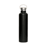 A drink bottle in matte black with a stainless steel lid and a handle. It has a sleek, modern design.