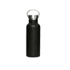 A drink bottle in black with a stainless steel lid and handle, featuring a logo. Suitable for beverages.