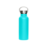 A drink bottle in vibrant turquoise with a metal lid and a handle, featuring a logo on the side.