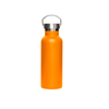 A drink bottle with a metal lid, featuring a vibrant orange finish and a sleek design.