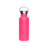 A drink bottle in vibrant pink with a metal lid and a carrying handle. Features a logo on the body.