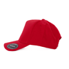 A red cotton cap with a five-panel design and a Velcro closure, featuring a branded label.