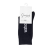 A pair of black bamboo socks featuring white text, displayed with a tag showing the brand name and product details.