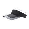 A sun visor in black and grey with an adjustable band, featuring a curved brim and dimensions indicated.