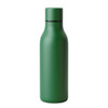 A drink bottle in a matte green finish, featuring a sleek design and a lid. It has a logo on the surface.