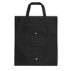 A foldable non-woven shopping bag in black with a front pocket and two handles. It features a logo.