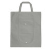 A foldable grey non-woven shopping bag with two handles and a front pocket, featuring a logo.