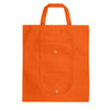 An orange foldable non-woven shopping bag with two handles and a front pocket. It features a logo.