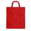 A foldable red non-woven shopping bag with two handles and a front pocket, featuring a logo.