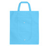 A blue foldable non-woven shopping bag with two handles and a front pocket. It features a logo on the front.