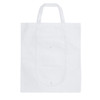 A white foldable non-woven shopping bag with two handles and a front pocket, featuring a logo.
