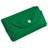 A green foldable non-woven shopping bag, neatly folded and secured with a snap button, featuring a logo.