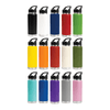 A drink bottle collection featuring various colours: black, white, red, green, yellow, orange, cream, navy, teal, grey, and pink, with a sipper handle lid.
