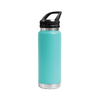 A drink bottle in turquoise with a stainless steel base and a sipper handle lid. It features a branding logo.
