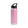 A drink bottle in pink with a stainless steel base and a sipper handle lid, featuring a logo.