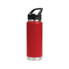 A drink bottle in red with a silver base, featuring a sipper handle lid and a logo.