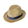 A straw hat featuring a wide brim and a navy blue band, with a logo on the side.