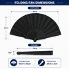 A black foldable fan with coloured ribs, featuring dimensions for unfolded and folded sizes. Includes a logo.