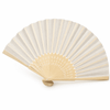 A bamboo hand fan with a cream and beige colour scheme, featuring a decorative pattern and a curved handle.