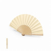 A wooden hand fan in a light cream colour, featuring a simple design and a wooden handle. A matching wooden frame is included.