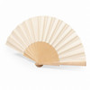 A wooden hand fan with a cream-coloured fabric surface and natural wooden frame, featuring a simple design.