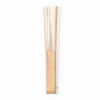 A wooden hand fan featuring a natural wood finish and white fabric pleats, designed for portability.