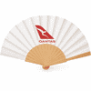 A wooden hand fan with a white fabric surface and a logo, featuring a light wooden frame.