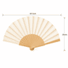 A wooden hand fan with a light-coloured fabric design, measuring 42.5cm by 23cm, featuring a logo.