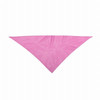 A pink triangular bandana with a smooth texture and a logo in one corner.