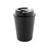 A drink tumbler in matte black with a secure lid and a logo on the side.