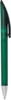 A green frosted plastic pen with a twist-action mechanism and a black clip. It features a logo on its body.