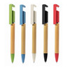 A set of five eco ball pens featuring bamboo bodies and coloured tops in green, blue, white, black, and red.