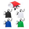 A collection of coloured ponchos in pouches, including red, black, white, blue, and green, each with a carabiner attachment.